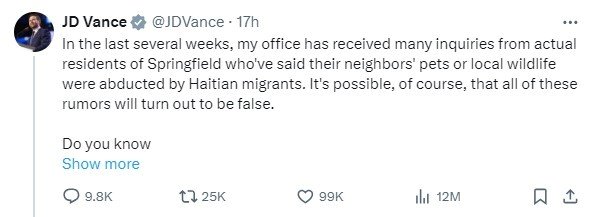 본문 이미지 - 미국 공화당 부통령 후보자인 J.D. 밴스 오하이오주 상원의원이 자신의 사회관계망서비스(SNS)에 올린 게시글. 아이티 출신 이민자가 이웃 주민의 반려동물을 납치한 후, 살해하고 먹었다는 문의를 다수 접수했다며 "이 소문이 거짓으로 밝혀질 가능성도 있다"고 여지를 남겼다. 2024.09.10/