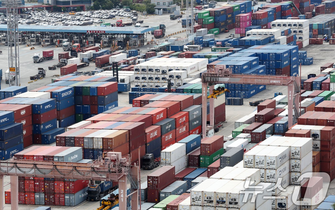 본문 이미지 - 부산항 신선대부두와 야적장에 컨테이너가 가득 쌓여 있다. /뉴스1 ⓒ News1 윤일지 기자