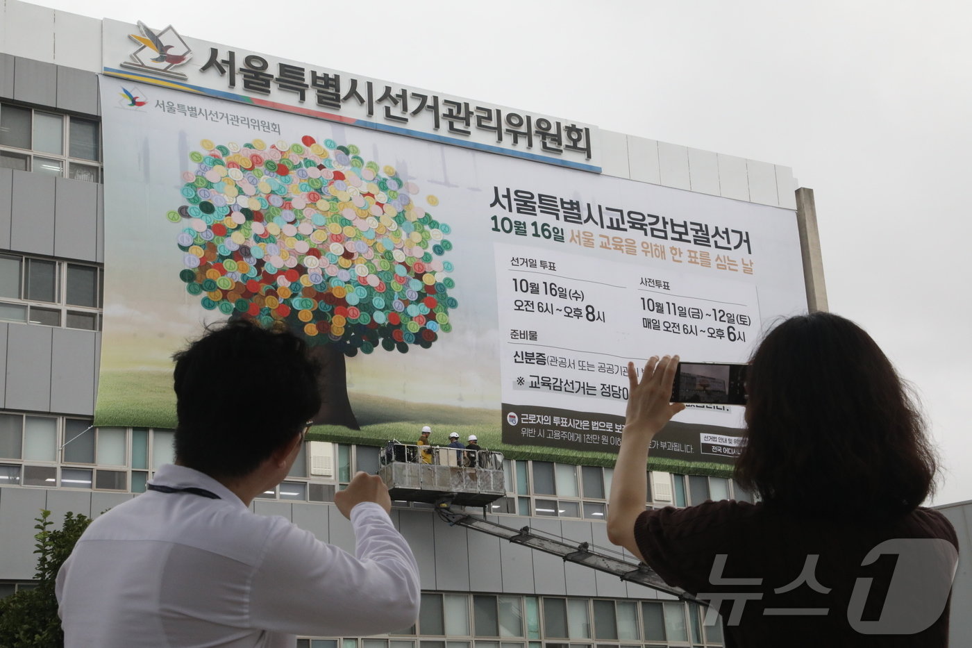 본문 이미지 - 12일 오전 서울 종로구 서울시선거관리위원회 외벽에 작업자들이 서울시교육감 보궐선거 현수막을 게시하고 있다. 2024.9.12/뉴스1 ⓒ News1 유수연 기자