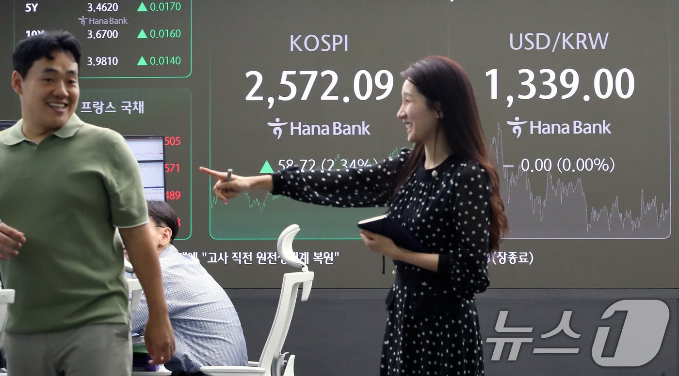 본문 이미지 - 12일 오후 서울 중구 하나은행 본점 딜링룸 전광판에 증시 종가가 표시되고 있다. 2024.9.12/뉴스1 ⓒ News1 박세연 기자