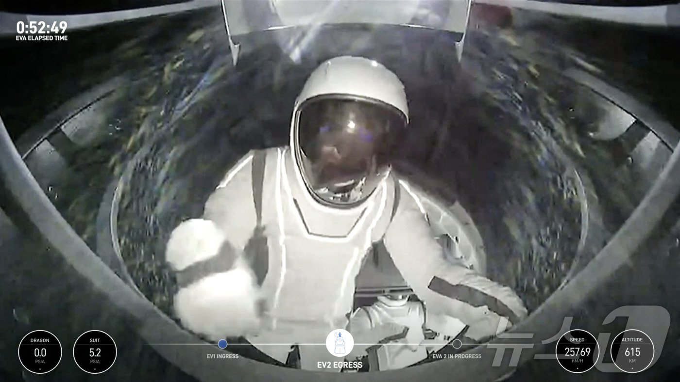 본문 이미지 - 사라 기릴스가 캡슐 밖을 나와 우주 유영을 시작하고 있다. ⓒ AFP=뉴스1 ⓒ News1 김예슬 기자