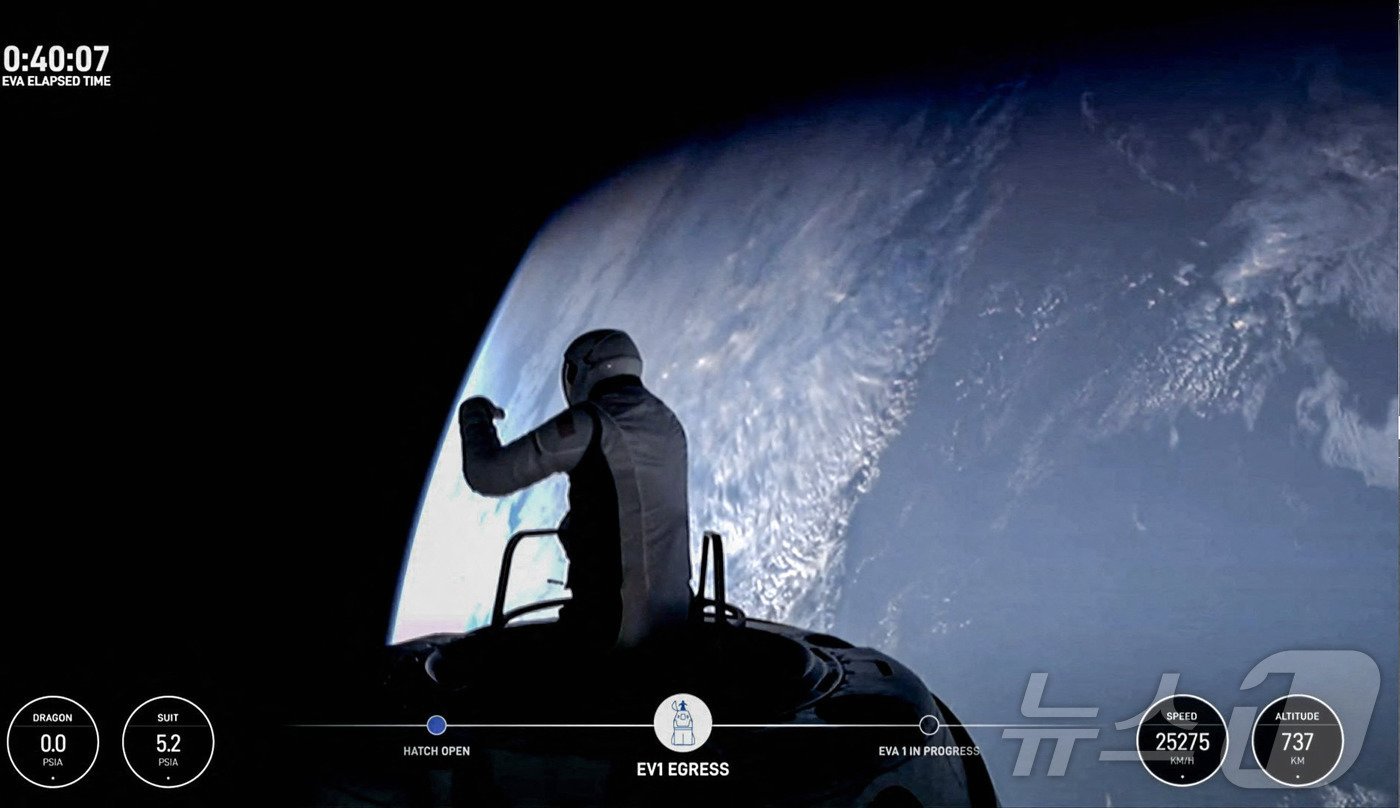 본문 이미지 - 스페이스X의 우주선 &#39;크루 드래건&#39;에 탑승한 스페이스X 소속 엔지니어 사라 길리스가 우주 유영을 시작하기 위해 캡슐 밖을 나오는 모습. 뒤로 지구가 보인다. ⓒ AFP=뉴스1 ⓒ News1 김예슬 기자