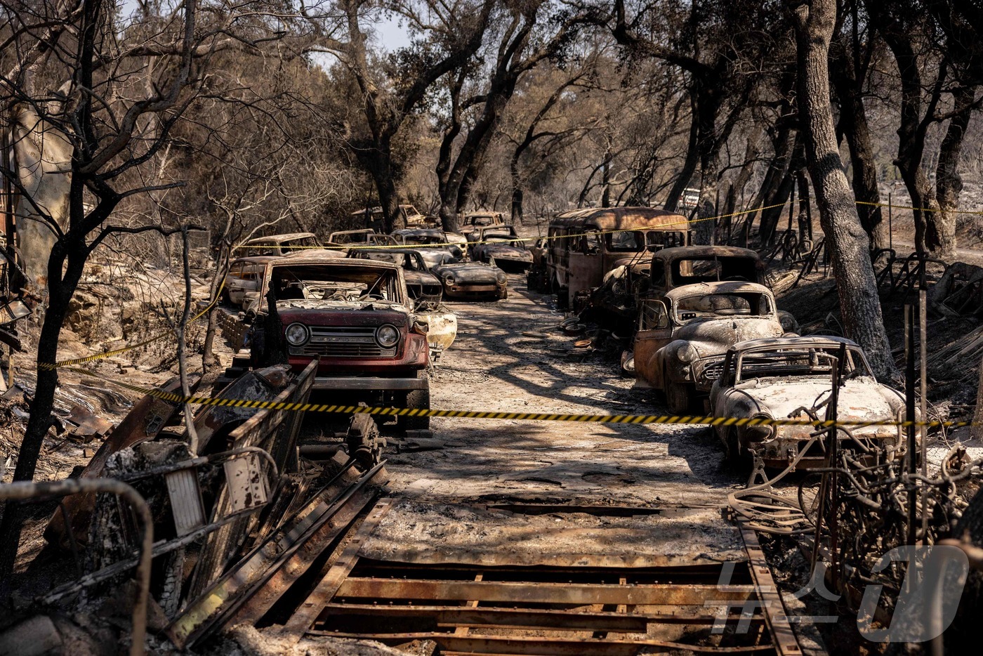 (엘 카리소 AFP=뉴스1) 우동명 기자 = 12일 (현지시간) 산불 '에어포트 파이어'가 휩쓸고 간 캘리포니아주 레이크 엘시노어 인근 엘 카리소에서 불에 탄 차량들이 보인다. 2 …