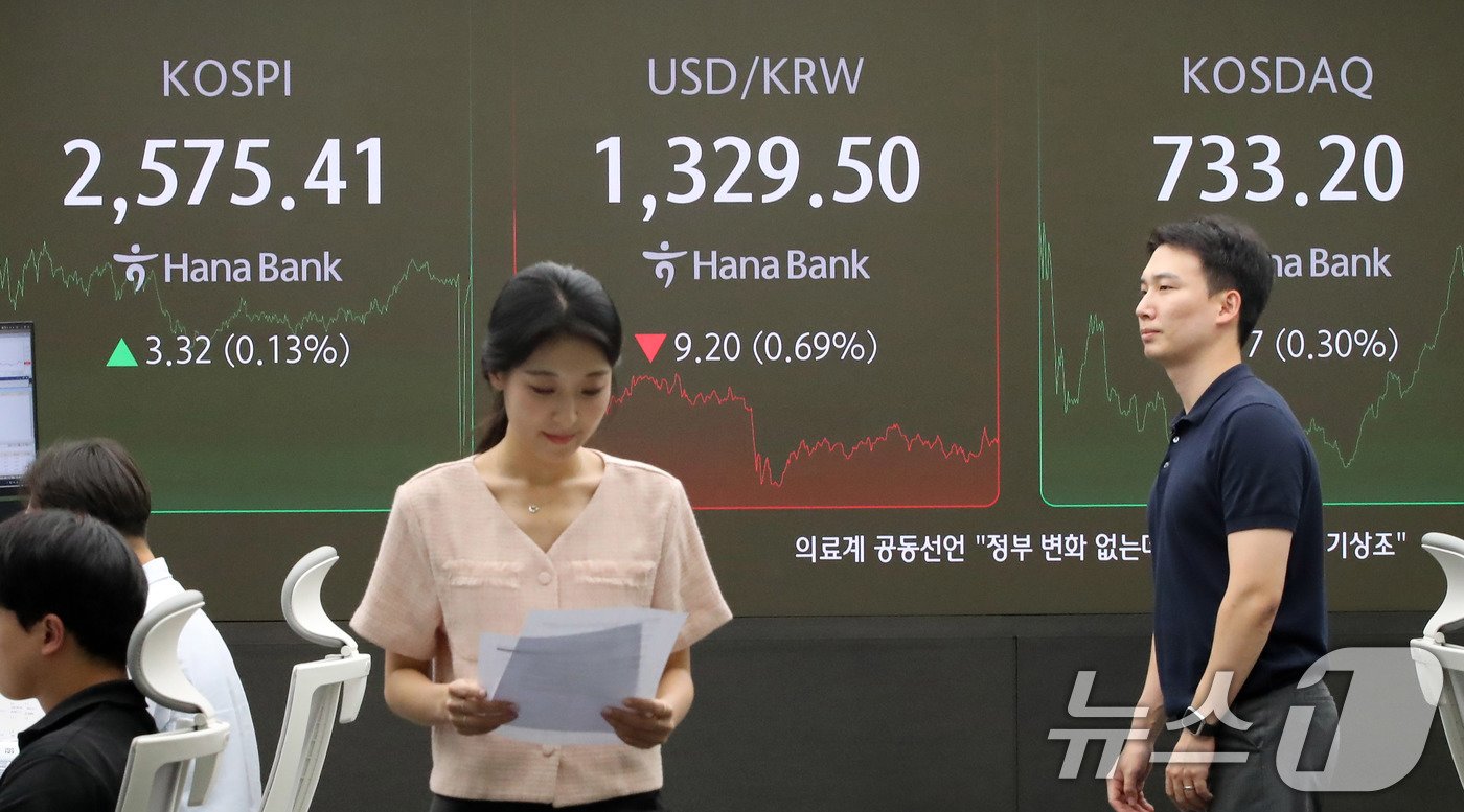 본문 이미지 - 서울 중구 하나은행 본점 딜링룸 전광판./뉴스1 ⓒ News1 박세연 기자