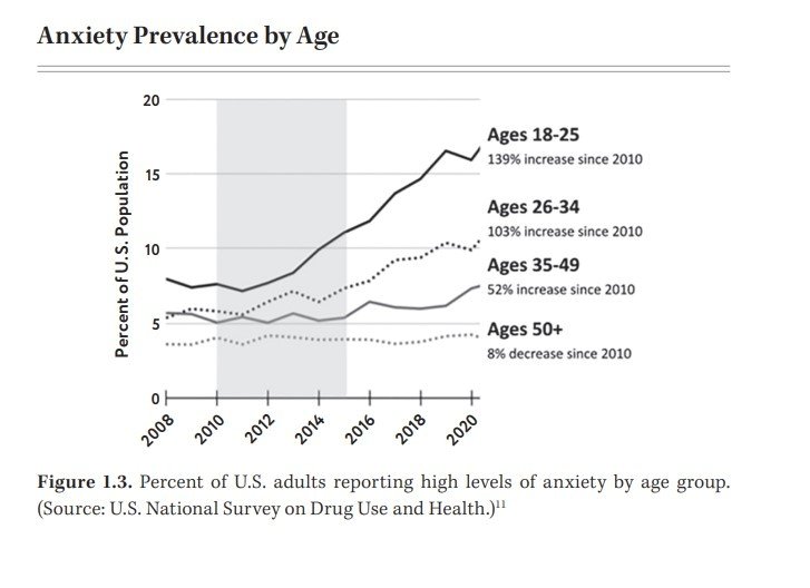 본문 이미지 - 미국에서 높은 수준의 불안을 보고한 연령 집단별 성인 비율. 18~25세가 가장 높은 불안도를 보였다. &#40;출처 : 미국 전국약물사용건강조사·불안세대 자료집&#41; 2024.09.14/