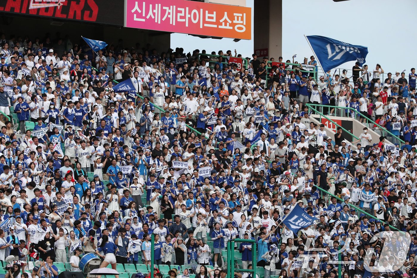 프로야구가 사상 첫 천만 관중을 달성한 15일 오후 인천 SSG랜더스필드에서 열린 프로야구 &#39;2024 신한 SOL 뱅크 KBO리그&#39; SSG 랜더스와 삼성 라이온즈의 경기를 찾은 야구팬들이 응원을 펼치고 있다. 2024.9.15/뉴스1 ⓒ News1 이승배 기자