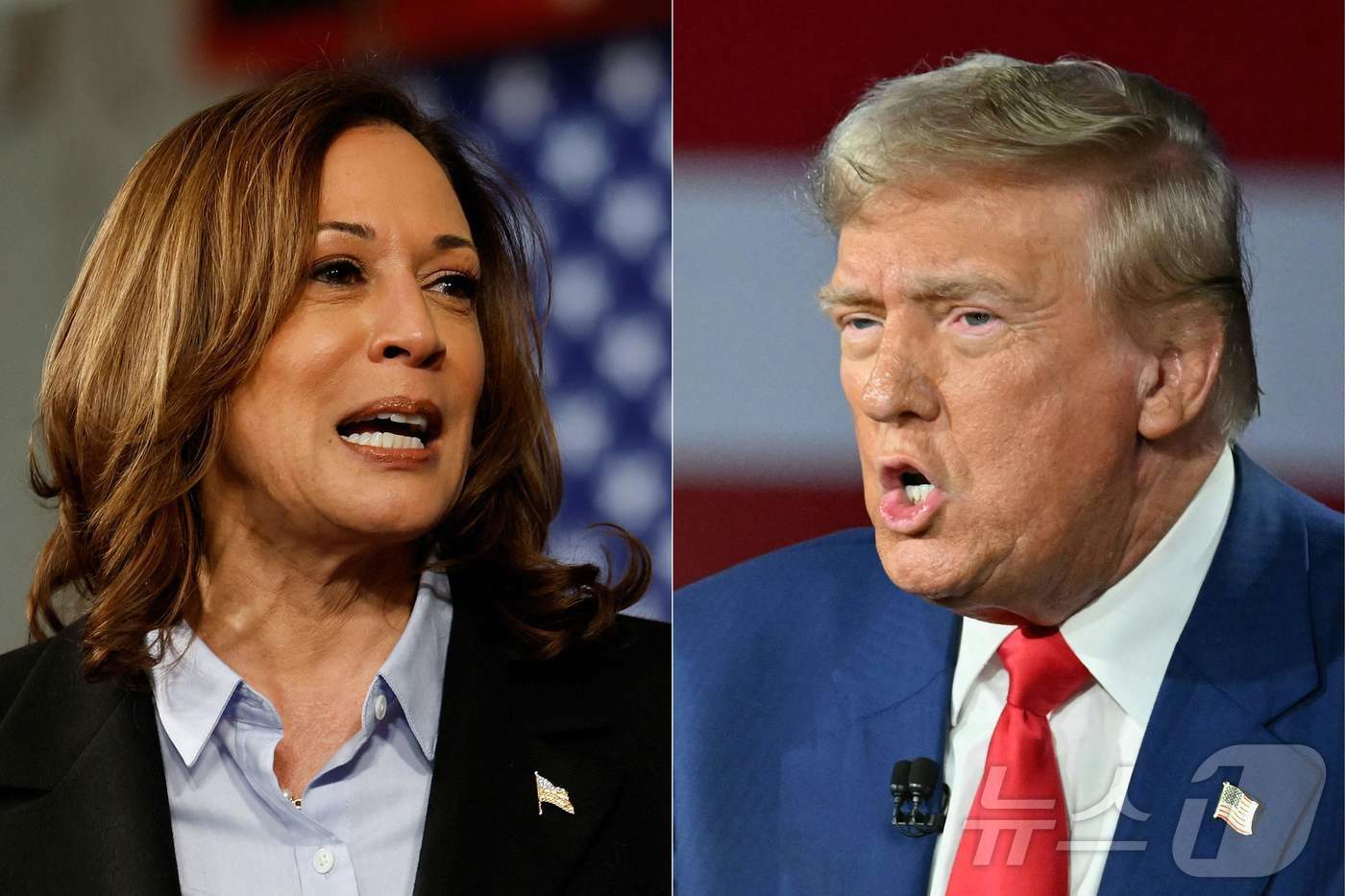 본문 이미지 - 미국 민주당 대선 주자 카멀라 해리스 부통령과 공화당측 대선 후보자 도널드 트럼프 전 대통령. 2024.09.09/ ⓒ AFP=뉴스1 ⓒ News1 권진영 기자