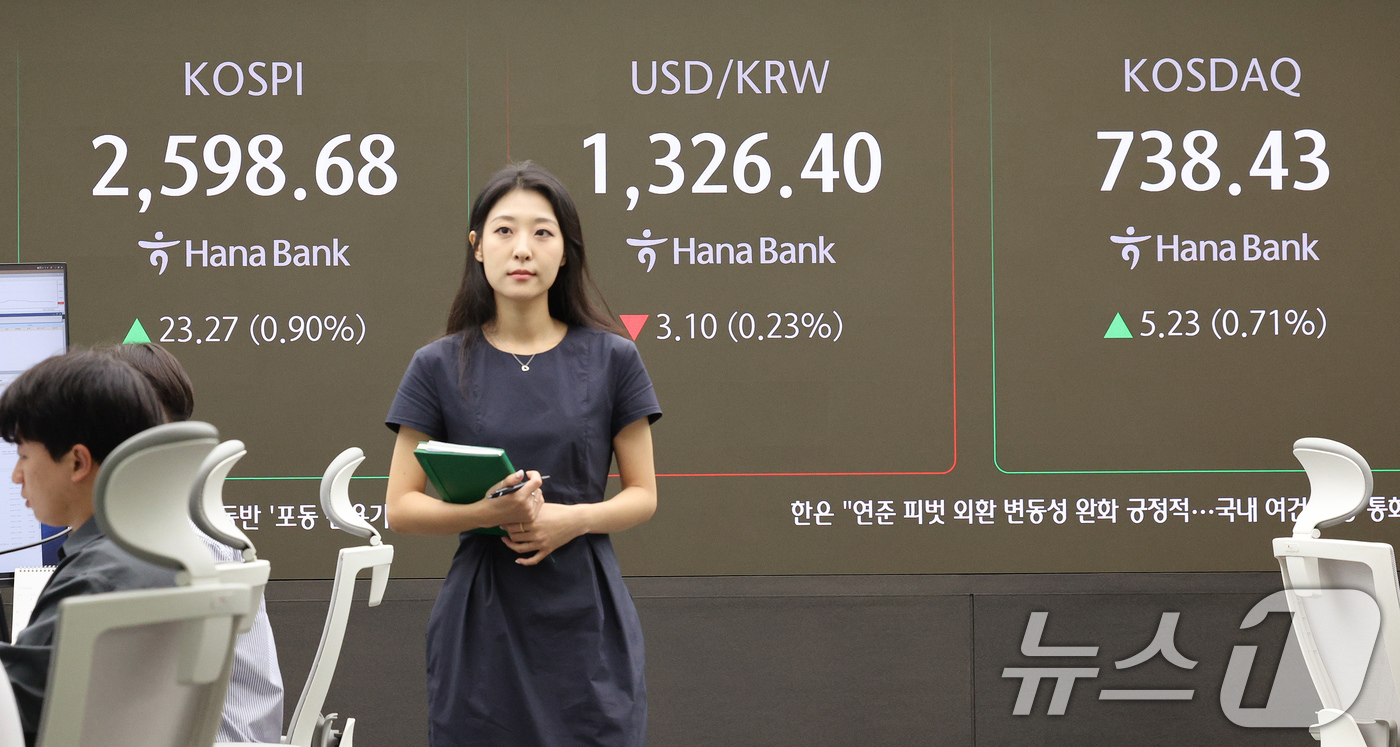 (서울=뉴스1) 장수영 기자 = 19일 오전 서울 중구 하나은행 본점 딜링룸 전광판에 코스피와 코스닥, 원·달러 환율 개장 시황이 표시되고 있다.이날 9시5분 기준 코스피는 전거래 …