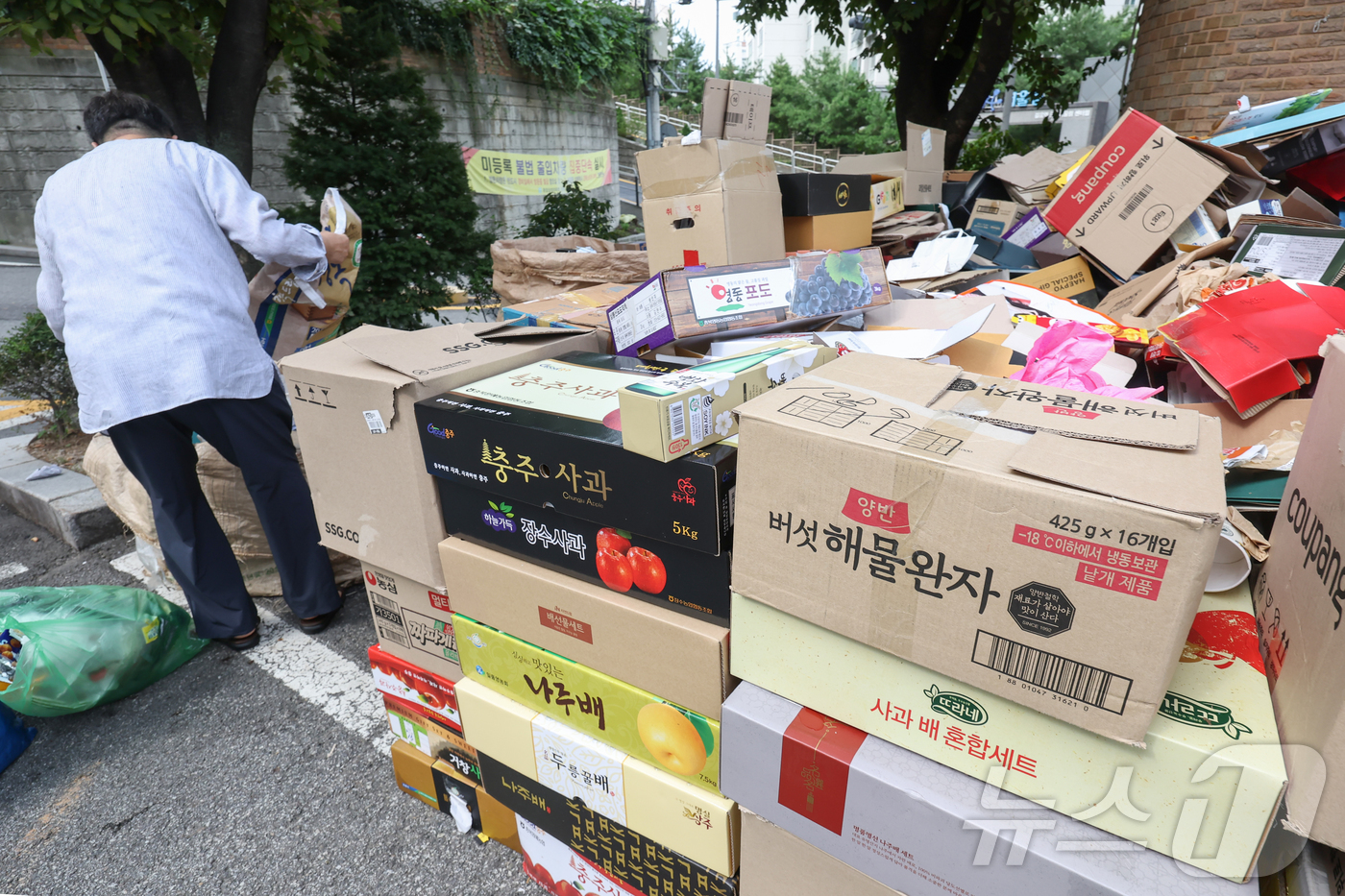 (서울=뉴스1) 민경석 기자 = 추석 명절 연휴가 지나고 이튿날인 19일 서울의 한 아파트단지 분리수거장에 명절 기간 동안 배출된 재활용 쓰레기가 수북이 쌓여 있다. 2024.9. …