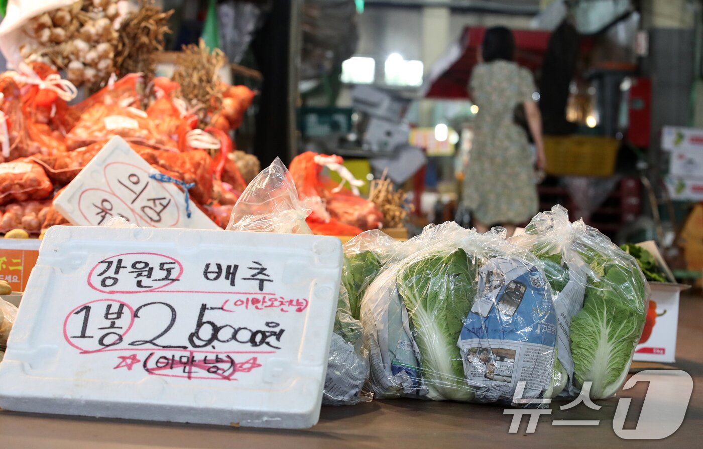 본문 이미지 -  19일 서울 마포구의 한 농수산물시장에 배추가 진열돼 있다. 2024.9.19/뉴스1 ⓒ News1 이승배 기자