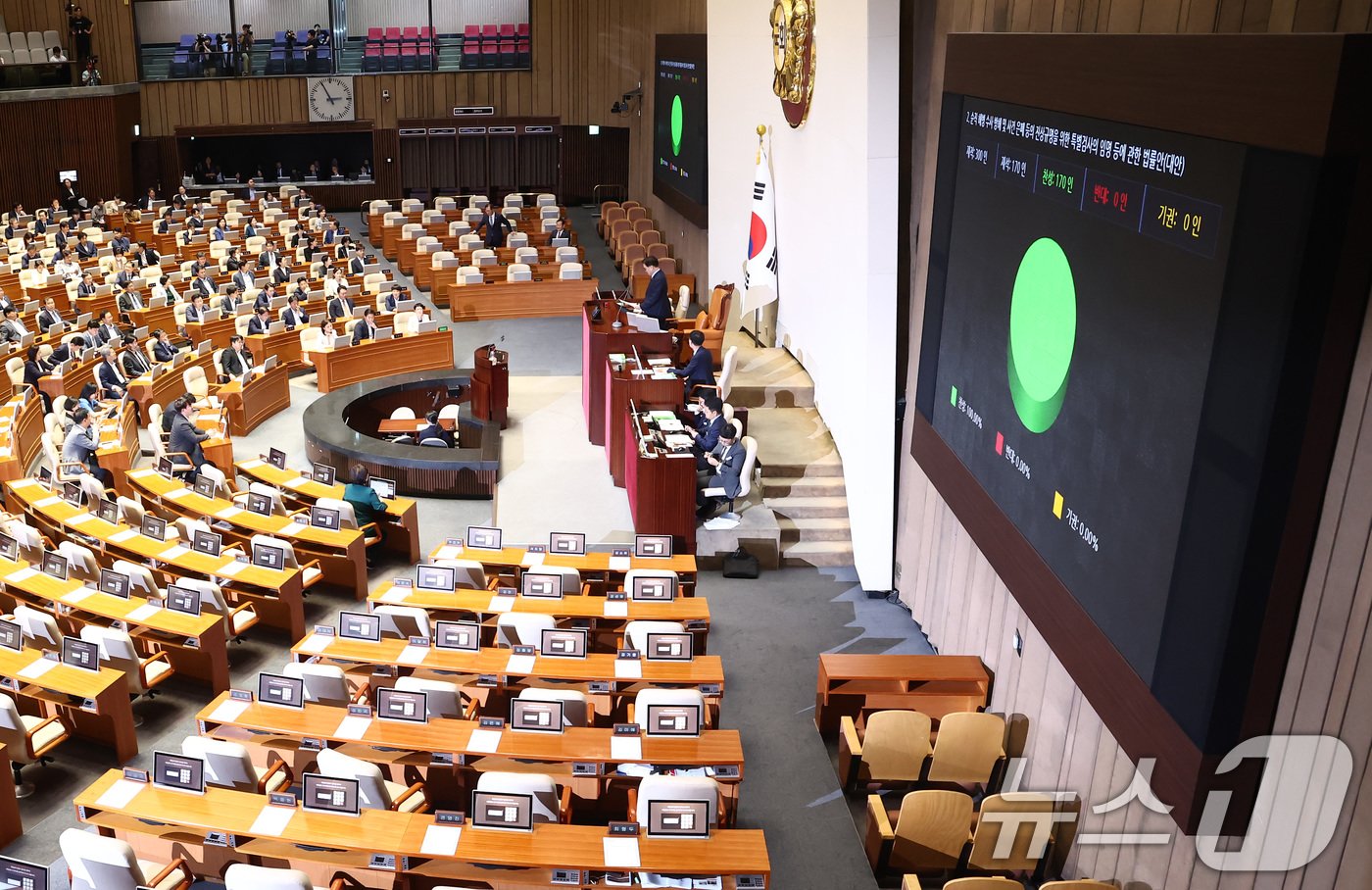 19일 오후 서울 여의도 국회에서 열린 제418회국회&#40;정기회&#41; 제8차 본회의에서 순직 해병 수사 방해 및 사건 은폐 등의 진상규명을 위한 특별검사의 임명 등에 관한 법률안&#40;대안, 채해병 특검법&#41;이 재적 300인, 재석 170인 중 찬성 170인으로 통과되고 있다. 2024.9.19/뉴스1 ⓒ News1 김민지 기자