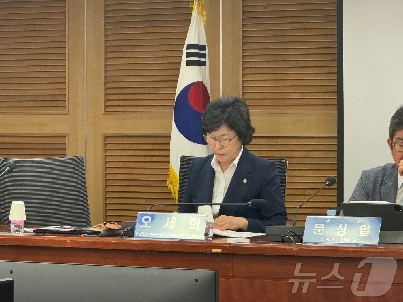 본문 이미지 - 오세희 더불어민주당 의원이 &#39;소상공인 및 소비자 보호를 위한 국내 플랫폼 역할과 대외 전략 토론회&#39;에 참석해 업계 의견을 청취하고 있다. ⓒ 뉴스1 김형준 기자.