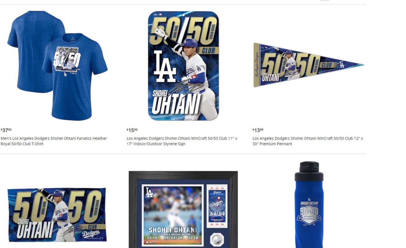 본문 이미지 - MLB 공식 온라인샵에서는 오타니의 50-50 기념 상품을 팔고 있다.&#40;MLB Shop 홈페이지 캡처&#41;