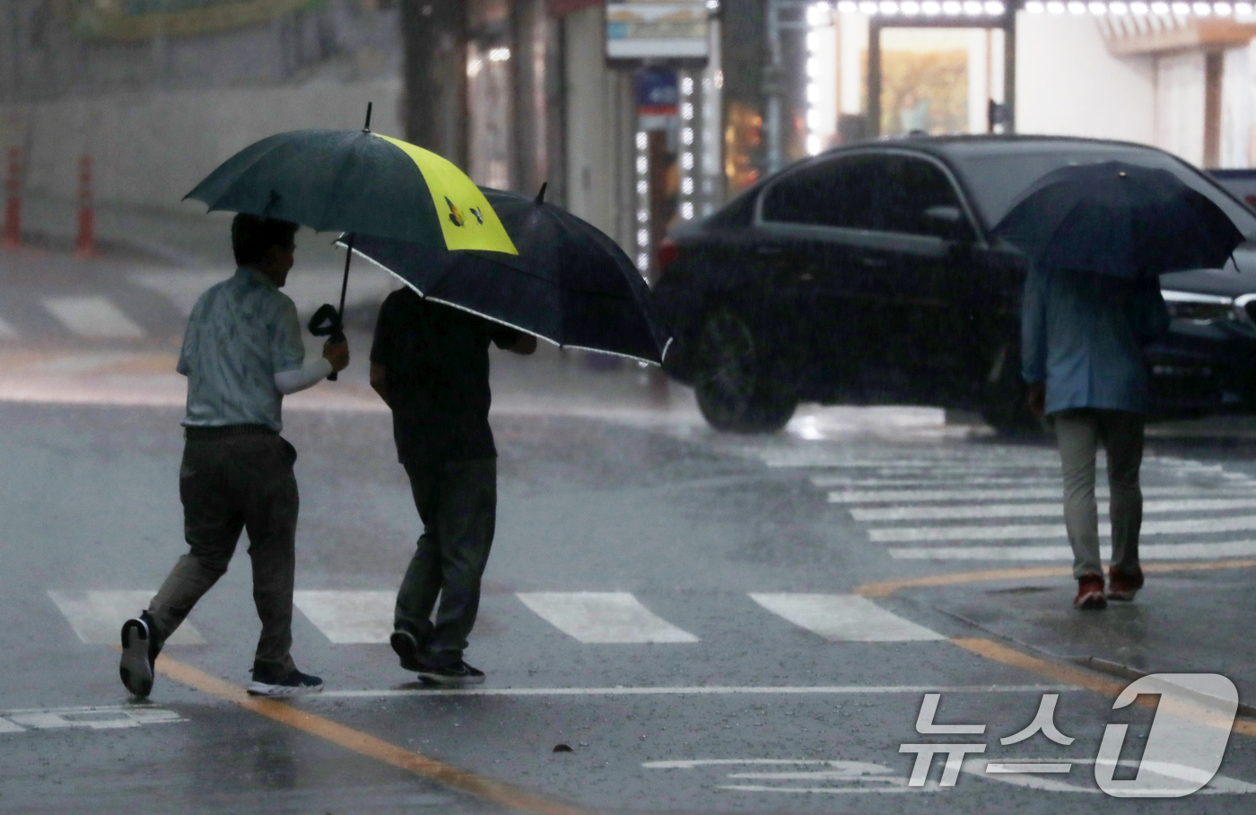 (양산=뉴스1) 윤일지 기자 = 경남 대부분 지역에 호우특보가 발효된 20일 오후 양산 하북면 한 도로에서 우산을 쓴 시민들이 이동하고 있다. 2024.9.20/뉴스1