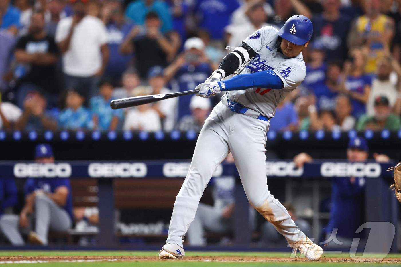 본문 이미지 - LA 다저스의 오타니 쇼헤이가 19일 (현지시간) 플로리다주 마이애미 론디포 파크에서 열린 MLB 마이애미 말린스와 경기서 MLB 최초로 한 시즌 50홈런-50도루 대기록을 세우는 50호 홈런을 터트리고 있다. 2024.09.21 ⓒ AFP=뉴스1 ⓒ News1 우동명 기자