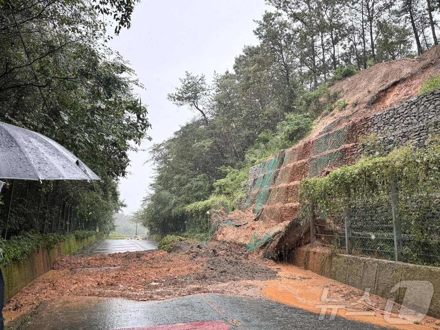 본문 이미지 - 21일 오후 1시 21분쯤 전남 여수시 학동의 한 도로에서 토사가 유출돼 있다. (전남소방본부 제공)2024.9.21/뉴스1