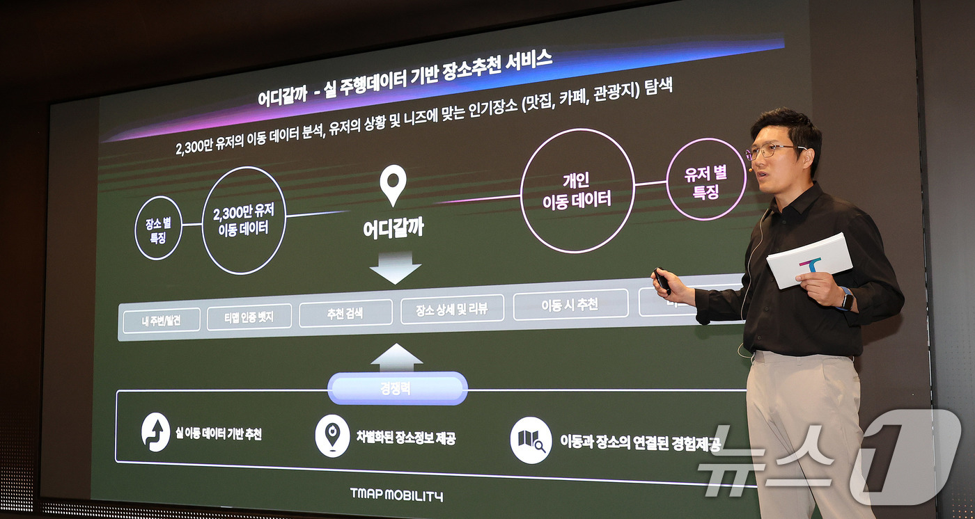 (서울=뉴스1) 박지혜 기자 = 정창근 티맵모빌리티 프로덕트 담당이 23일 서울 중구 SKT타워 수펙스홀에서 열린 티맵모빌리티 신규 서비스 출시 미디어간담회에서 '어디갈까' 서비스 …