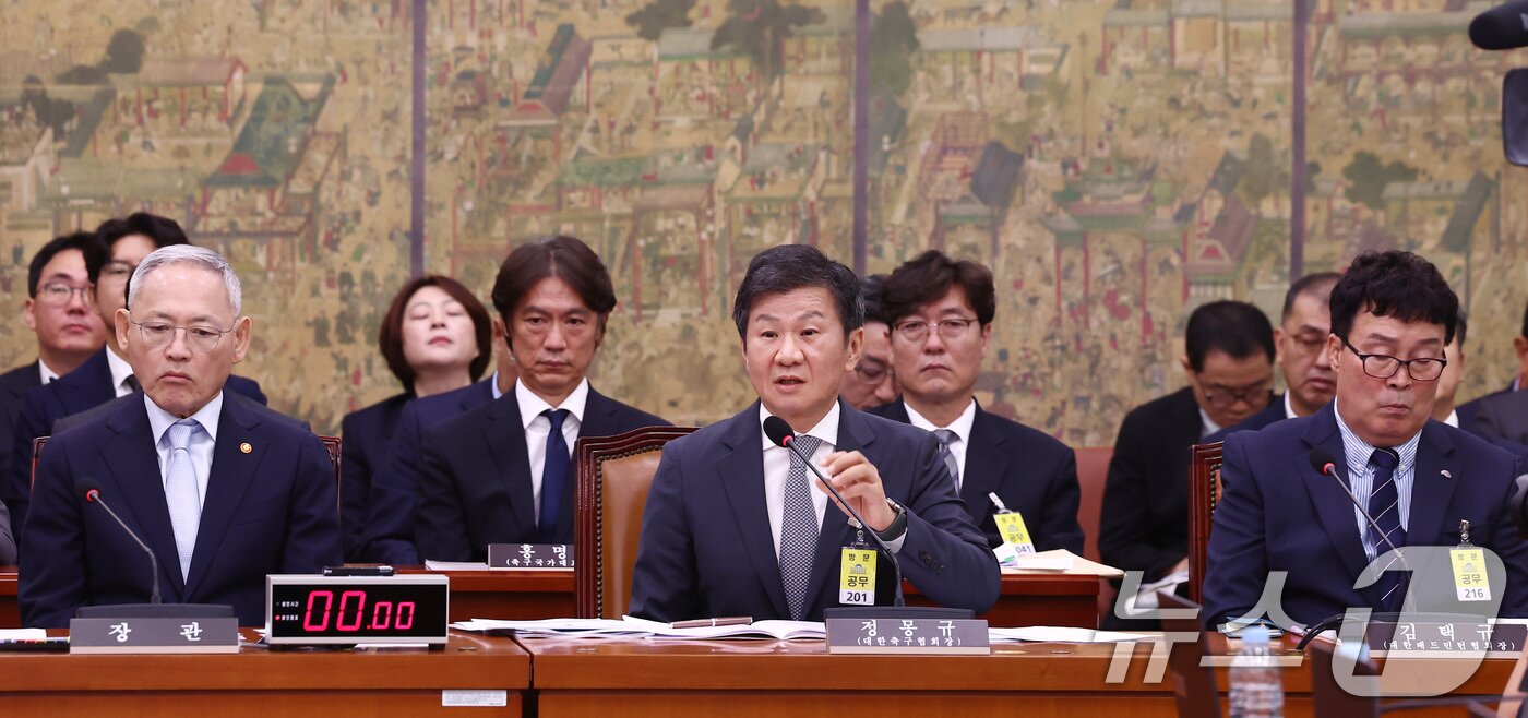 본문 이미지 - 정몽규 대한축구협회장이 24일 오전 서울 여의도 국회 문화체육관광위원회에서 열린 대한축구협회 등에 대한 현안질의에 출석, 의원 질의에 답변하고 있다. 왼쪽부터 유인촌 문화체육관광부 장관, 정 회장, 김택규 대한배드민턴협회장. 2024.9.24/뉴스1 ⓒ News1 김민지 기자