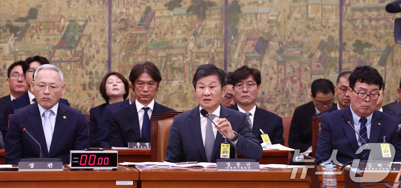 정몽규 대한축구협회장이 24일 오전 서울 여의도 국회 문화체육관광위원회에서 열린 대한축구협회 등에 대한 현안질의에 출석, 의원 질의에 답변하고 있다. 왼쪽부터 유인촌 문화체육관광부 장관, 정 회장, 김택규 대한배드민턴협회장. 2024.9.24/뉴스1 ⓒ News1 김민지 기자