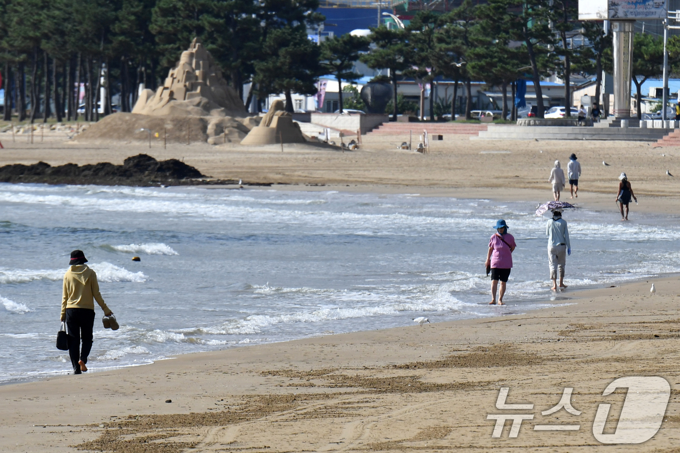 (포항=뉴스1) 최창호 기자 = 25일 경북 포항시 북구 영일대해수욕장 백사장에서 아침 산책 나온 시민들이 맨발로 걸어가고 있다. 2024.9.25/뉴스1