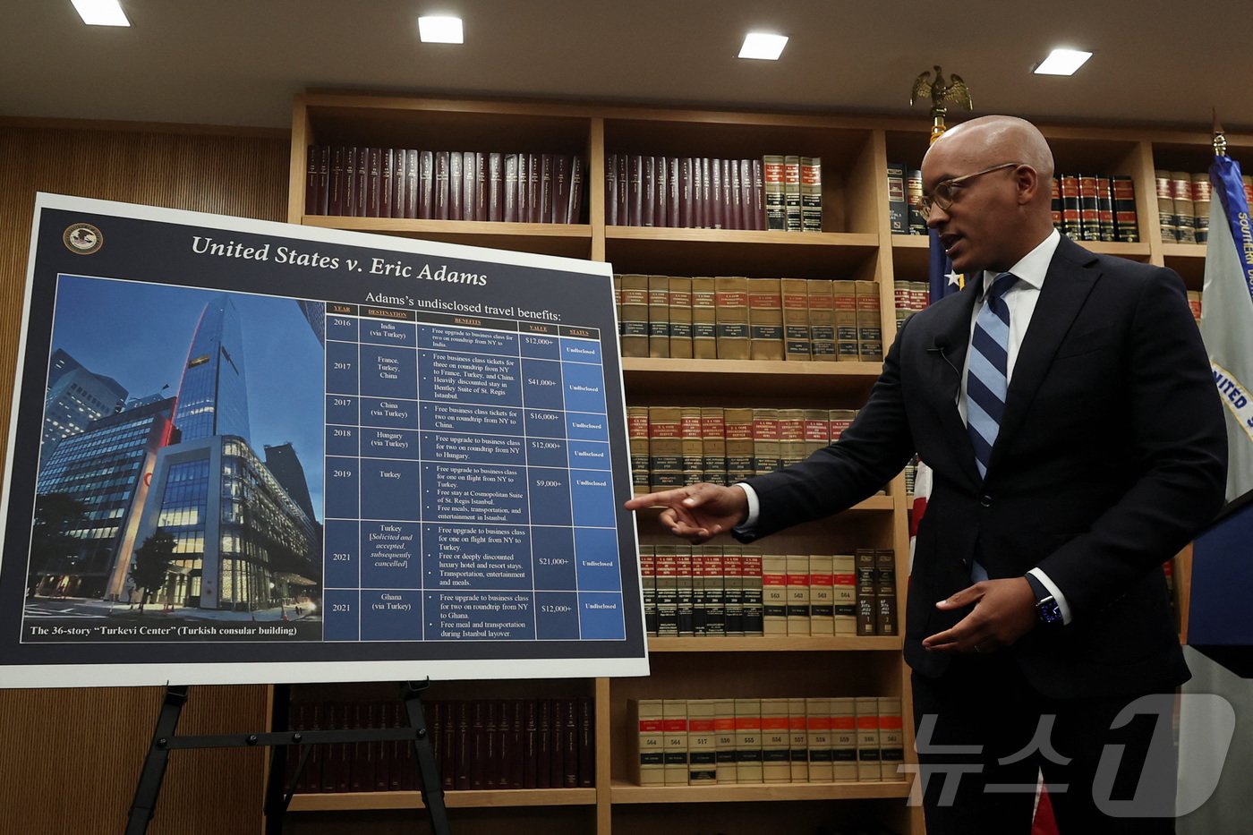 본문 이미지 - 26일(현지시간) 미국 뉴욕에서 열린 기자회견에서 데미안 윌리엄스 뉴욕 남부연방지검장이 뇌물수수와 외국인에게 불법적으로 선거 기부금을 요청한 혐의로 기소된 에릭 애덤스 뉴욕시장의 주요 혐의에 대해 설명하고 있다. ⓒ 로이터=뉴스1 ⓒ News1 류정민 특파원