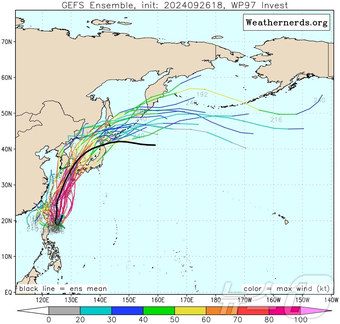 미국 기상청&#40;NCEP&#41;이 운영하는 수치예보 모델&#40;GEFS&#41;로 본 예측 이동 경로 ⓒ 뉴스1