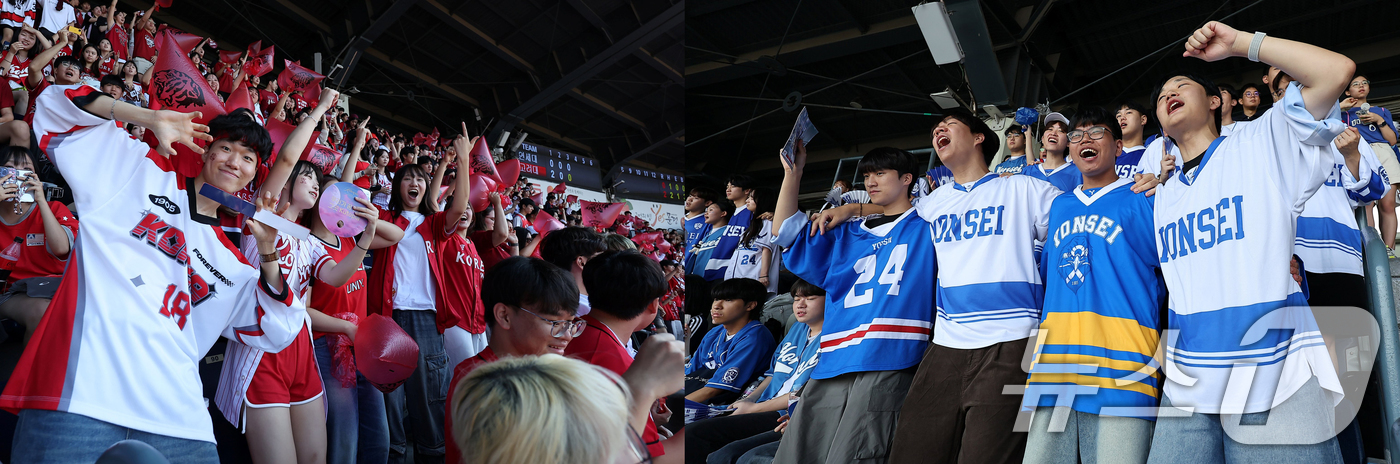 (서울=뉴스1) 김진환 기자 = 27일 서울 송파구 잠실야구장에서 열린 2024 정기 고려대학교·연세대학교 친선경기 대회(이하 연고전)에서 고려대 응원단과 연세대 응원단(사진 오른 …