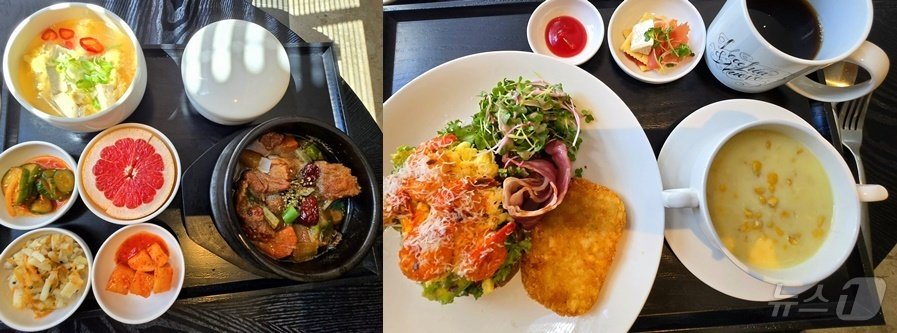 본문 이미지 - 지난 24일 '브라이튼 여의도' 중식 메뉴. 한식 갈비찜과 아메리칸 브렉퍼스트 두 가지 메뉴 중 하나를 고를 수 있다.