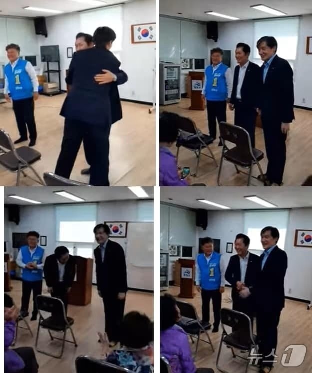 본문 이미지 - 지난 24일 전남 영광 노인대학에서 더불어민주당 장세일 영광군수 후보 지원유세에 나선 정청래 의원이 인사차 찾아 온 조국 조국혁신당 대표를 반갑게 맞이하면서 포옹하고 있다. (유튜브 갈무리)2024.9.28./뉴스1