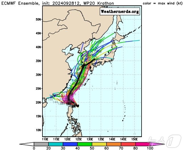 본문 이미지 - 유럽중기예보센터(ECMWF) 수치예보모델에 따른 태풍 끄라톤 예측 이동경로 ⓒ 뉴스1