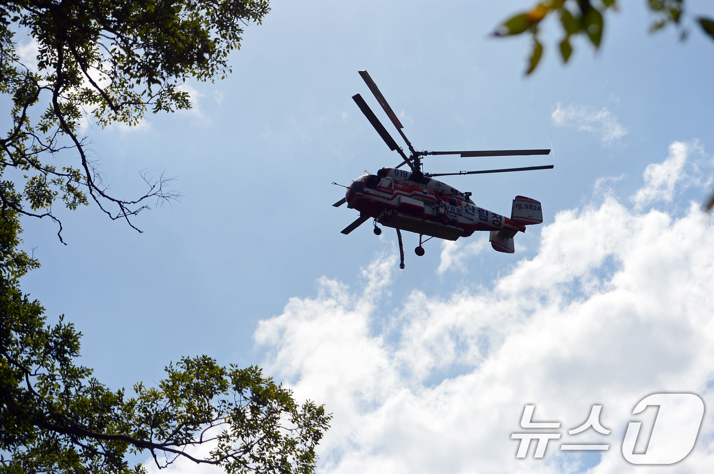 (광주=뉴스1) 이승현 기자 = 29일 광주 무등산 증심사 일대에서 헬기가 화재를 진압하기 위해 현장에 투입되고 있다. 증심사 공양간에서는 이날 오전 용접 작업 중 불꽃이 튀면서 …