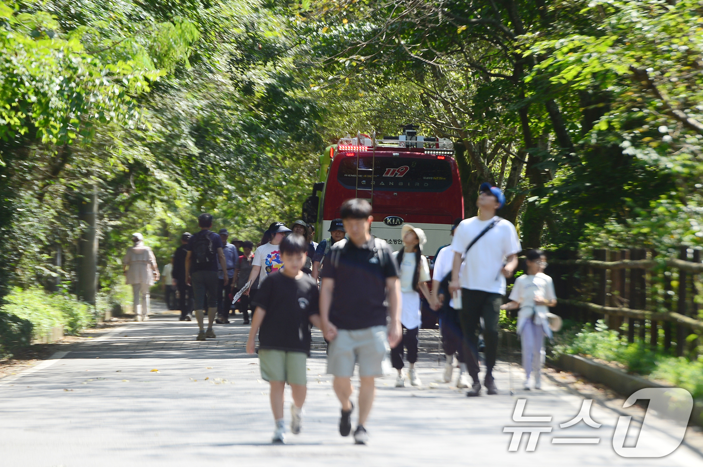 (광주=뉴스1) 이승현 기자 = 9일 광주 무등산 증심사 인근의 등산객들이 하산하고 있다. 증심사 공양간에서는 이날 오전 용접 작업 중 불꽃이 튀면서 화재가 발생했다. 2024.9 …