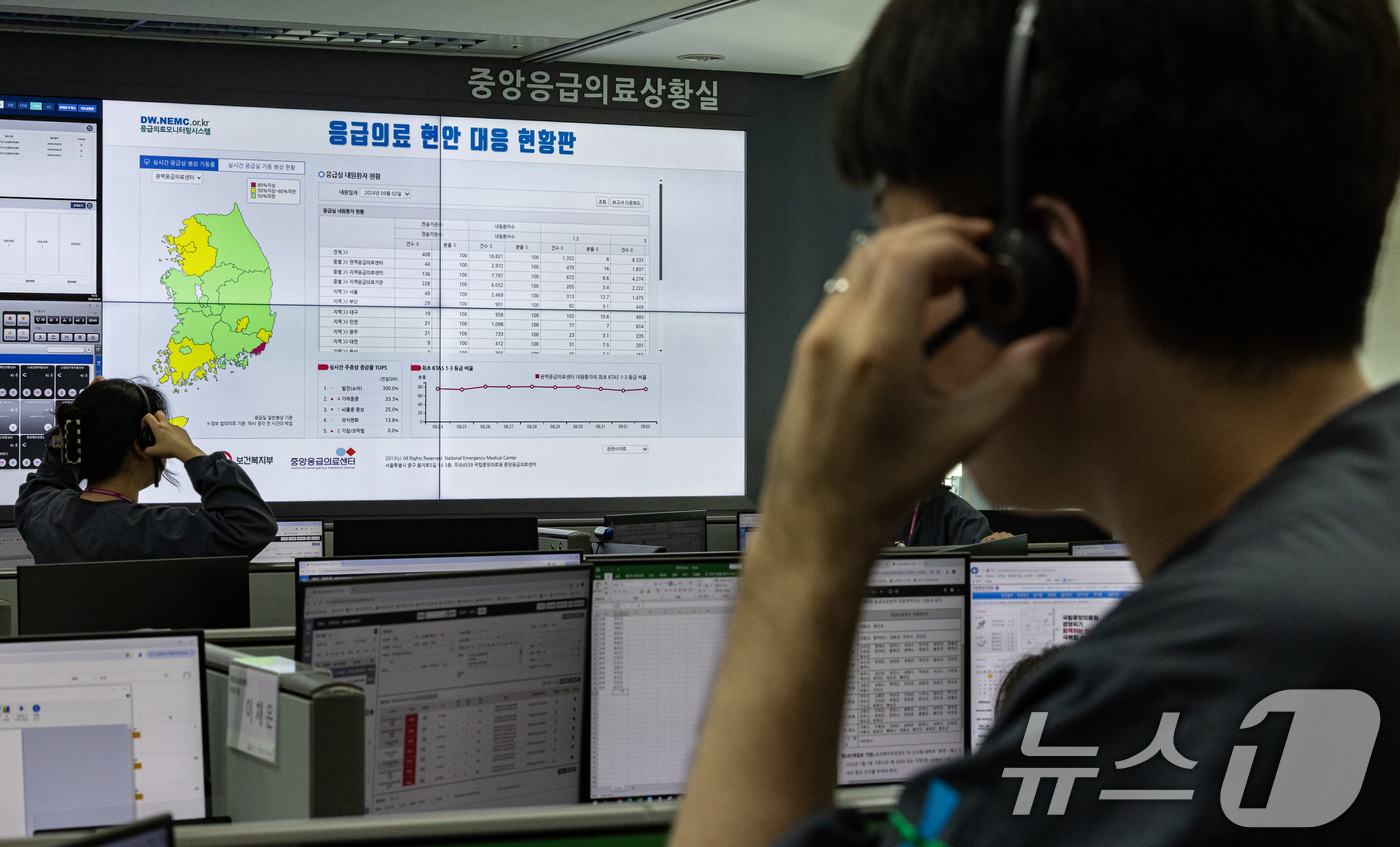 (서울=뉴스1) 이재명 기자 = 추석 연휴 기간 응급실 유지에 최대 고비가 될 것으로 예상되는 3일 오후 서울 중구 국립중앙의료원 중앙응급의료센터 상황실에서 의료진과 직원들이 업무 …