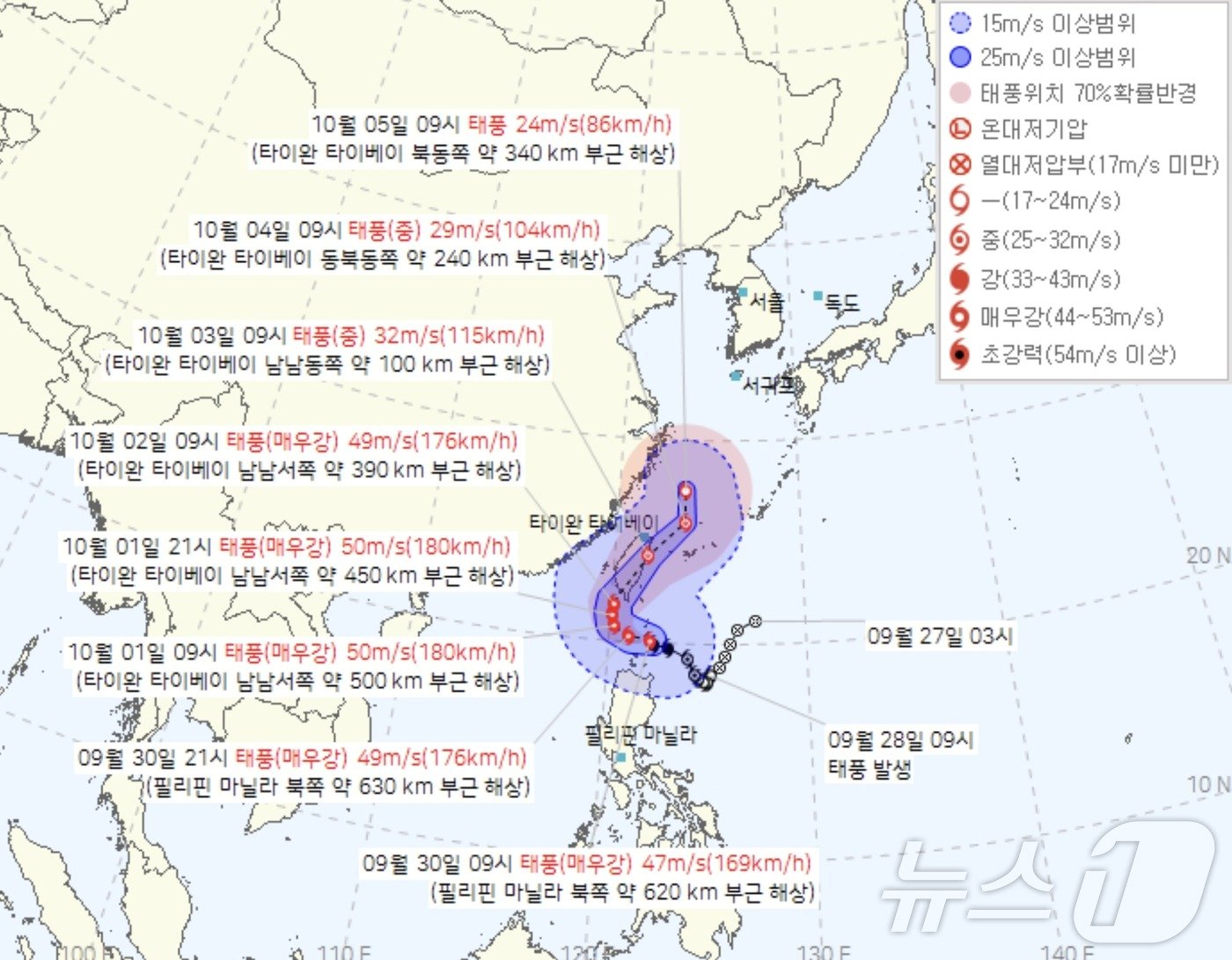 9월 30일 기준, 기상청의 제18호 태풍 끄라톤 예상이동경로&#40;기상청 제공&#41; ⓒ 뉴스1