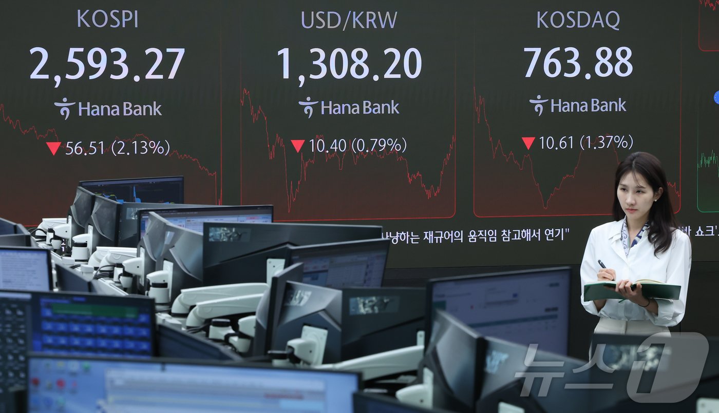 본문 이미지 - 9월 30일 오후 서울 중구 하나은행 본점 딜링룸 전광판에 증시 종가가 표시되고 있다.  2024.9.30/뉴스1 ⓒ News1 김도우 기자