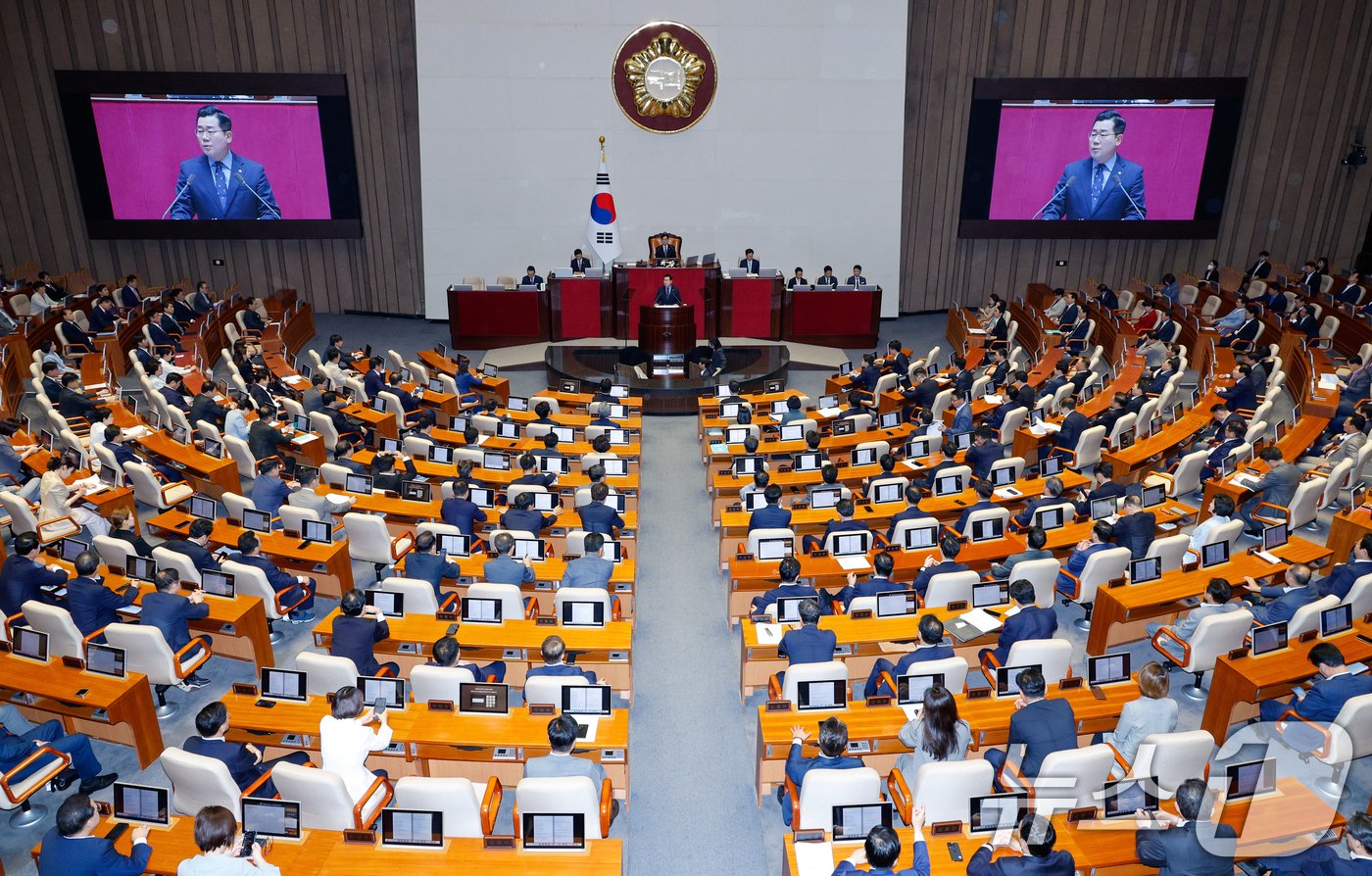 박찬대 더불어민주당 원내대표가 4일 오전 서울 여의도 국회 본회의장에서 교섭단체 대표 연설을 하고 있다. 2024.9.4/뉴스1 ⓒ News1 안은나 기자