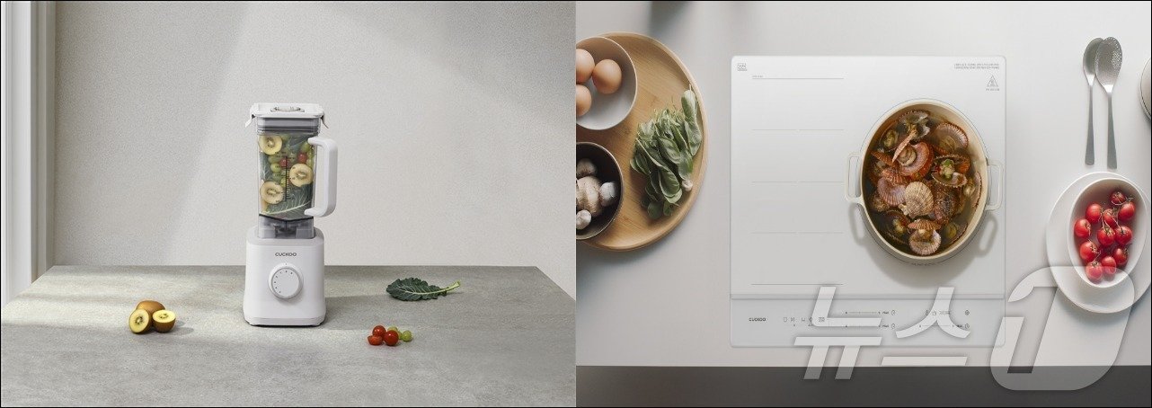 본문 이미지 - 쿠쿠전자의 '몬스터 블렌더 라이트 핏'(왼쪽) 제품과 '셰프스틱 프리존 인덕션 레인지' 제품.(쿠쿠전자 제공)