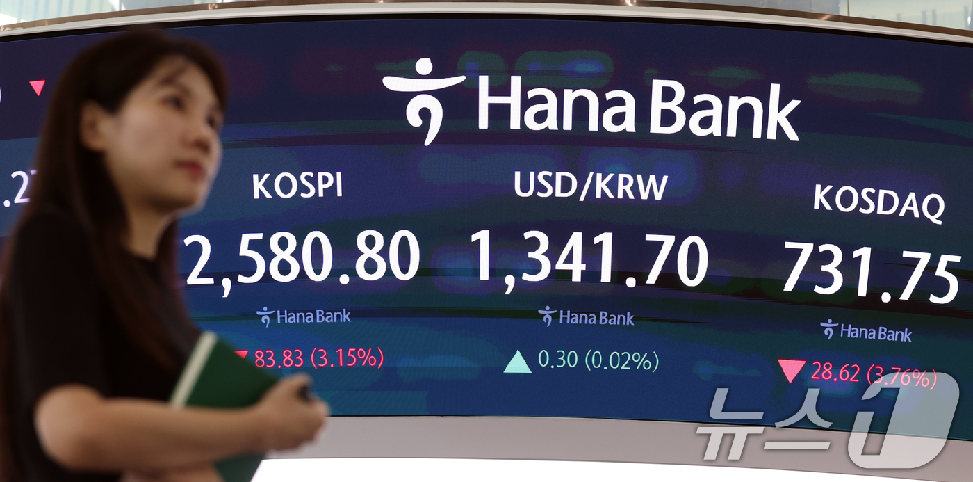 (서울=뉴스1) 김명섭 기자 = 4일 오후 서울 중구 하나은행 본점 딜링룸 전광판에 코스피, 코스닥 지수와 원·달러 환율 종가가 표시되고 있다. 이날 코스피 지수는 전 거래일 대비 …