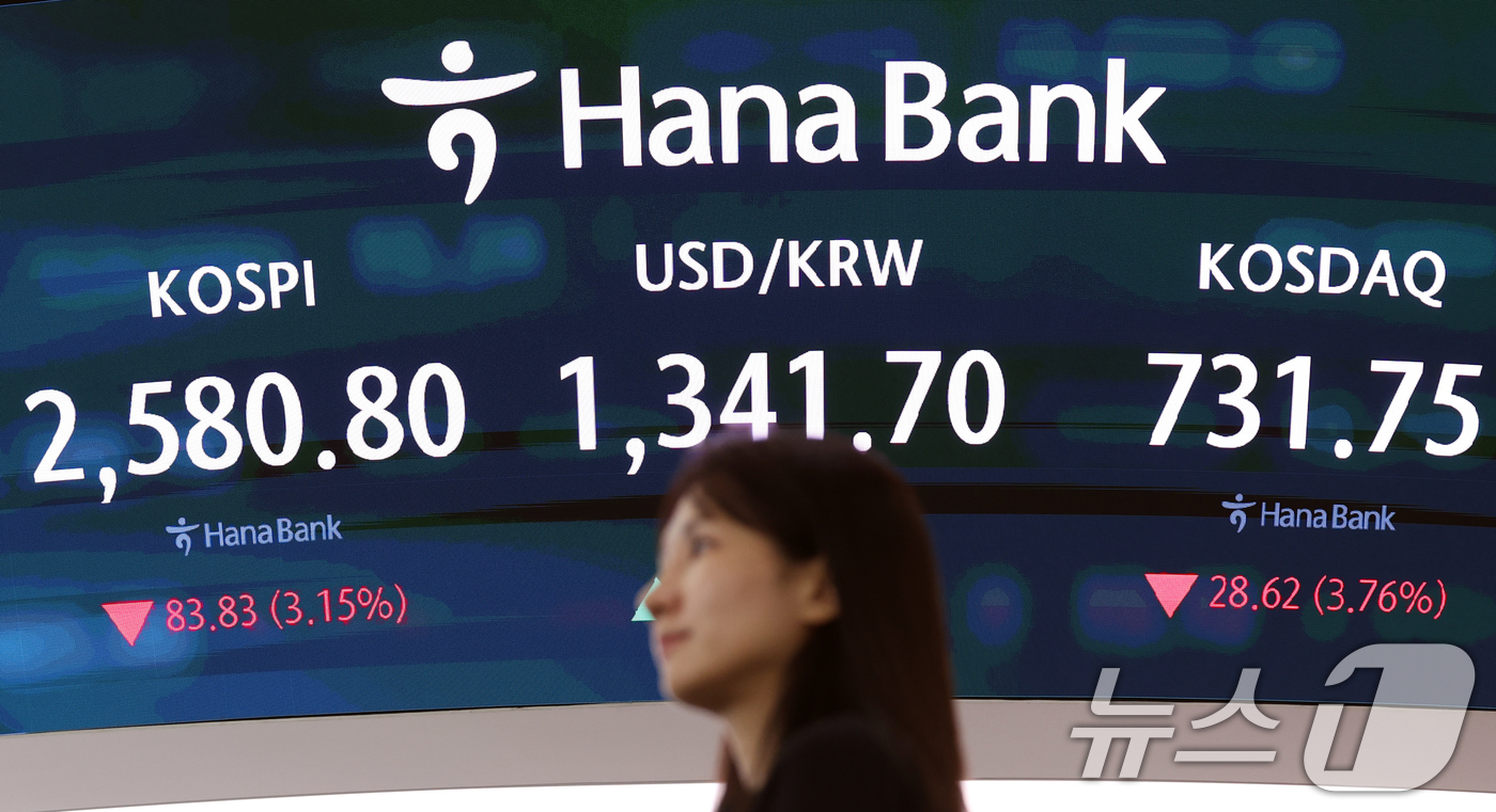 (서울=뉴스1) 김명섭 기자 = 4일 오후 서울 중구 하나은행 본점 딜링룸 전광판에 코스피, 코스닥 지수와 원·달러 환율 종가가 표시되고 있다. 이날 코스피 지수는 전 거래일 대비 …