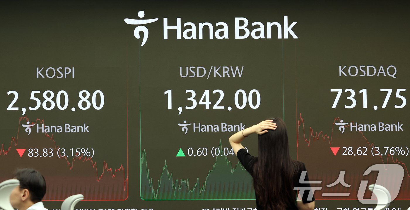 4일 오후 서울 중구 하나은행 본점 딜링룸 전광판에 코스피, 코스닥 지수와 원·달러 환율 종가가 표시되고 있다. 이날 코스피 지수는 전 거래일 대비 83.83p&#40;3.15%&#41; 하락한 2,580.80으로, 코스닥 지수는 28.62p&#40;3.76%&#41; 하락한 731.75로 마감했다. 2024.9.4/뉴스1 ⓒ News1 김명섭 기자