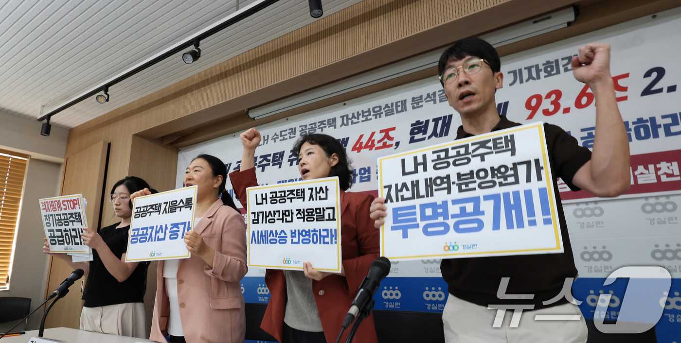 (서울=뉴스1) 박지혜 기자 = 5일 서울 종로구 경제정의실천시민연합 강당에서 열린 LH 수도권 공공주택 자산보유실태 분석결과 발표 기자회견에서 경실련 관계자들이 공공주택 자산내역 …