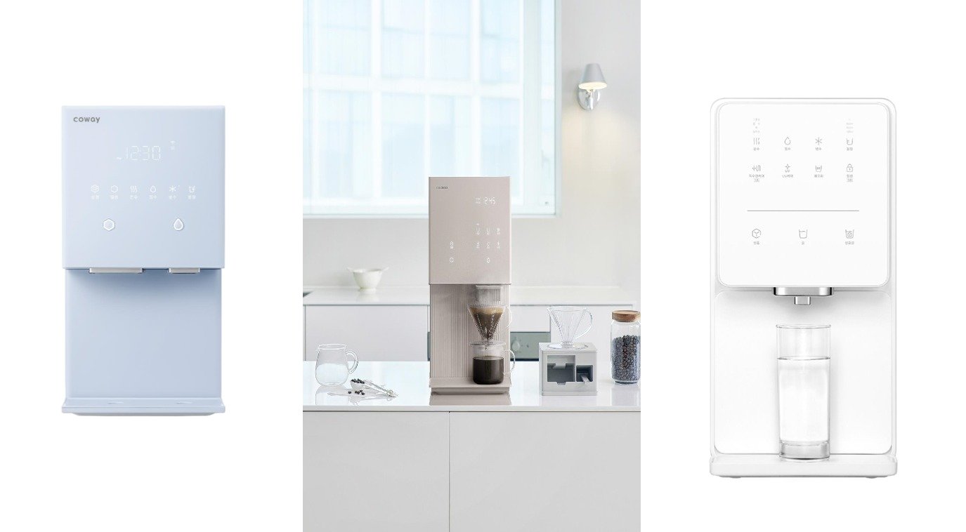 본문 이미지 - 왼쪽부터 코웨이 '2024년형 아이콘 얼음정수기', 쿠쿠홈시스 '제로100 슬림 바리스타 얼음정수기', SK매직 '원코크 얼음물 정수기'.(각 사 제공)