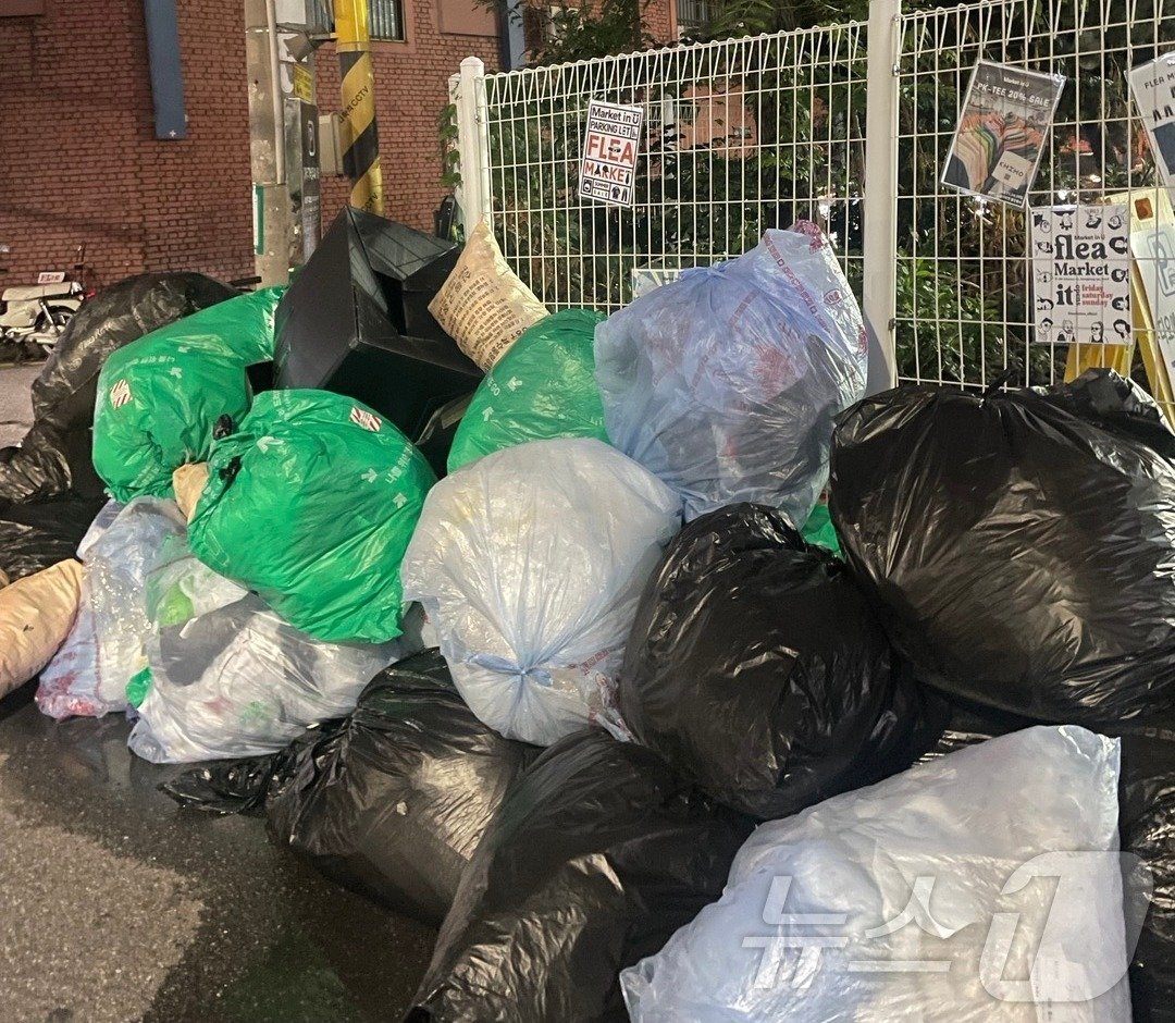 본문 이미지 -  연무장길의 한 골목에 폐기물 봉투가 방치돼 있다.  이 폐기물 대다수는 소각될 예정이다. 2024.9.6/뉴스1 ⓒ News1 임여익 기자