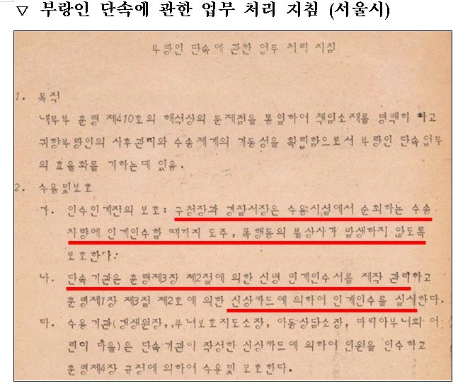 본문 이미지 - 진실화해위는 조사에서 지방자치단체와 경찰 등 공문서와 수용자 신상기록카드 등을 입수해 국가 책임을 규명했다. 사진은 서울시의 '부랑인 단속에 관한 업무처리 지침'. (진실화해위 제공)
