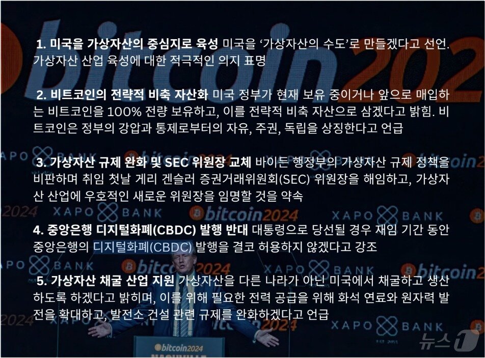 본문 이미지 - 트럼프 2기 행정부의 주요 가상자산 관련 공약.출처=해시드오픈리서치&#40;HoR&#41; &#39;2025 트럼프 2기, 미 크립토산업 정책의 향방은&#39; 리포트.