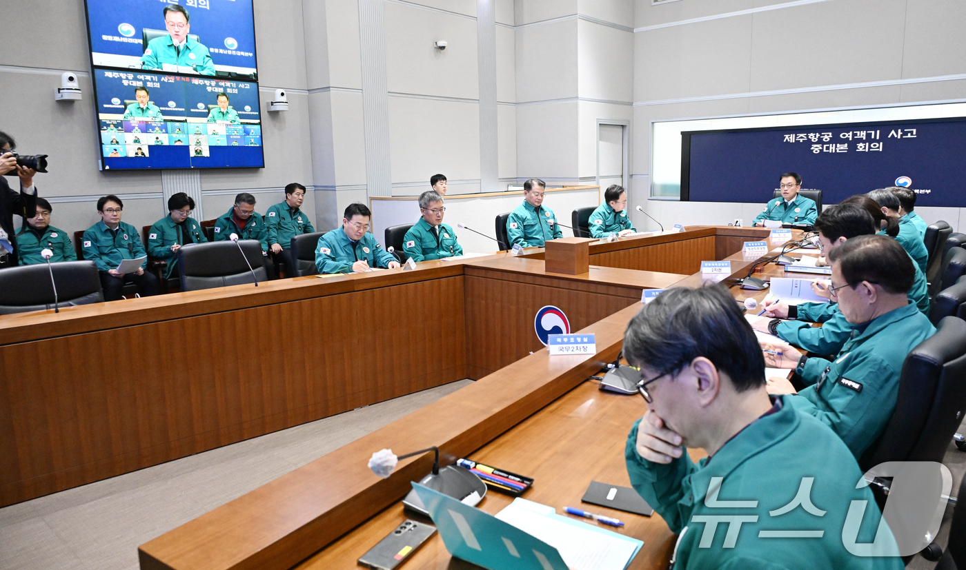 (서울=뉴스1) = 최상목 대통령 권한대행 부총리 겸 기획재정부 장관이 1일 서울 종로구 정부서울청사에서 열린 제주항공 여객기 사고 제6차 중앙안전재난대책본부 회의를 주재하고 있다 …