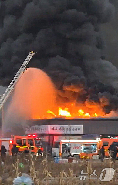 (서울=뉴스1) 김민지 기자 = 1일 오후 5시쯤 충북 제천시 강제동 1층짜리 상가 건물에서 원인이 확인되지 않은 화재가 발생해 소방대원들이 화재를 진압하고 있다. (독자 제공) …