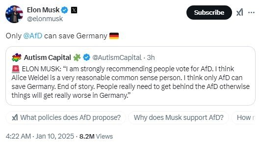 본문 이미지 - 일론 머스크 테슬라·엑스 최고경영자(CEO)가 자신의 계정에 올린 게시물 갈무리. 그는 "오직 AfD만이 독일을 구할 수 있다"는 글을 재차 올렸다. 2025.01.09/