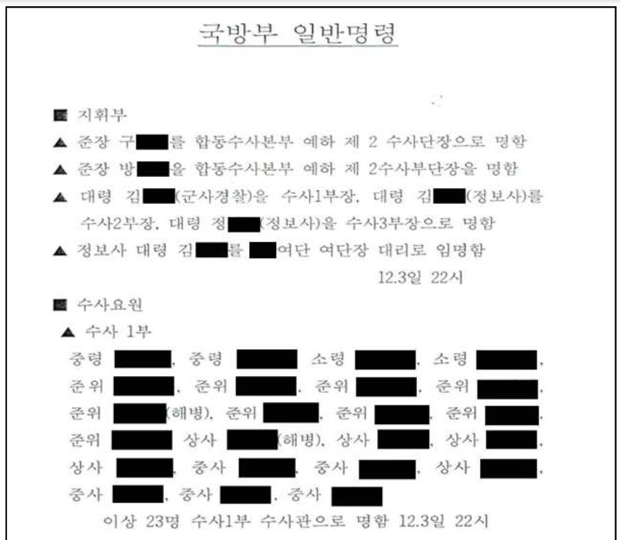 본문 이미지 - 김용현 전 국방부 장관이 제2수사단 설치 운용을 위해 국방부 인사기획관에게 인사명령을 지시하면서 교부한 문건&#40;검찰 비상계엄 특별수사본부 제공&#41;.