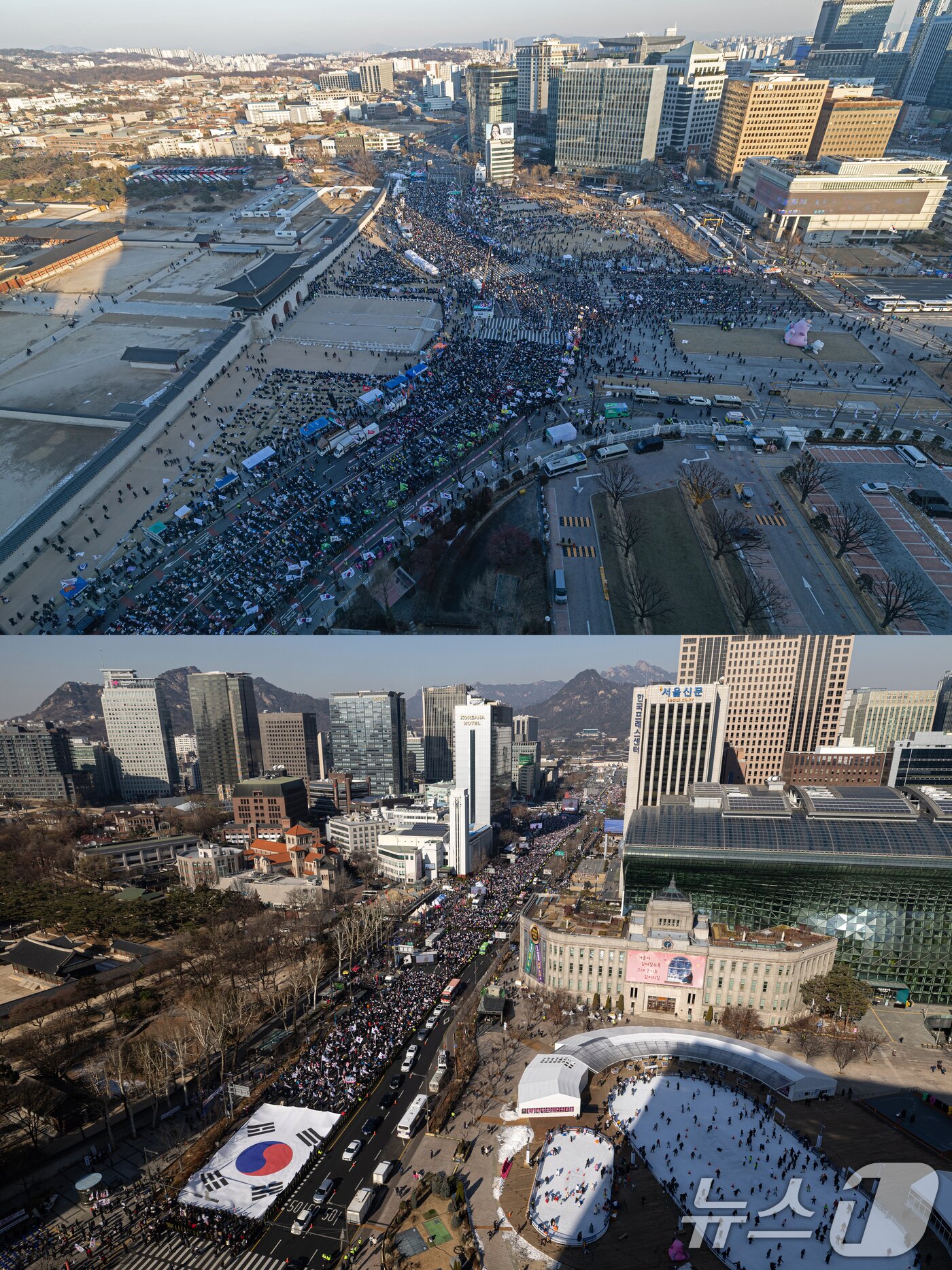 본문 이미지 - 자유통일당·대한민국바로세우기국민운동본부 구성원들이 11일 오후 서울 세종대로 네거리 인근에서 윤석열 대통령 탄핵 반대 집회를 하고 있다.(아래) 광화문 인근에서 열린 윤석열 즉각퇴진 사회대개혁 비상행동 6차 시민대행진에서 참가자들이 윤석열 대통령 퇴진 등을 촉구하고 있다. 2025.1.11/뉴스1 ⓒ News1 이승배 기자